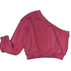 Boutique One Shoulder Crop Sweatshirt Womens Solid Hot Pink SZ Large NWOT